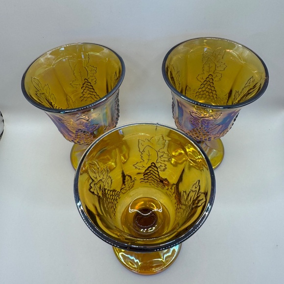 Indiana Glass Marigold Carnival Glass wine glasses. Set of 3 Amber Harvest Grape - Picture 3 of 7